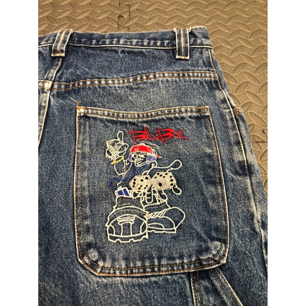 Jnco‎ Style Y2K Carpenter Jeans 34 Blue Embroidered Graphic Baggy Denim Workwear